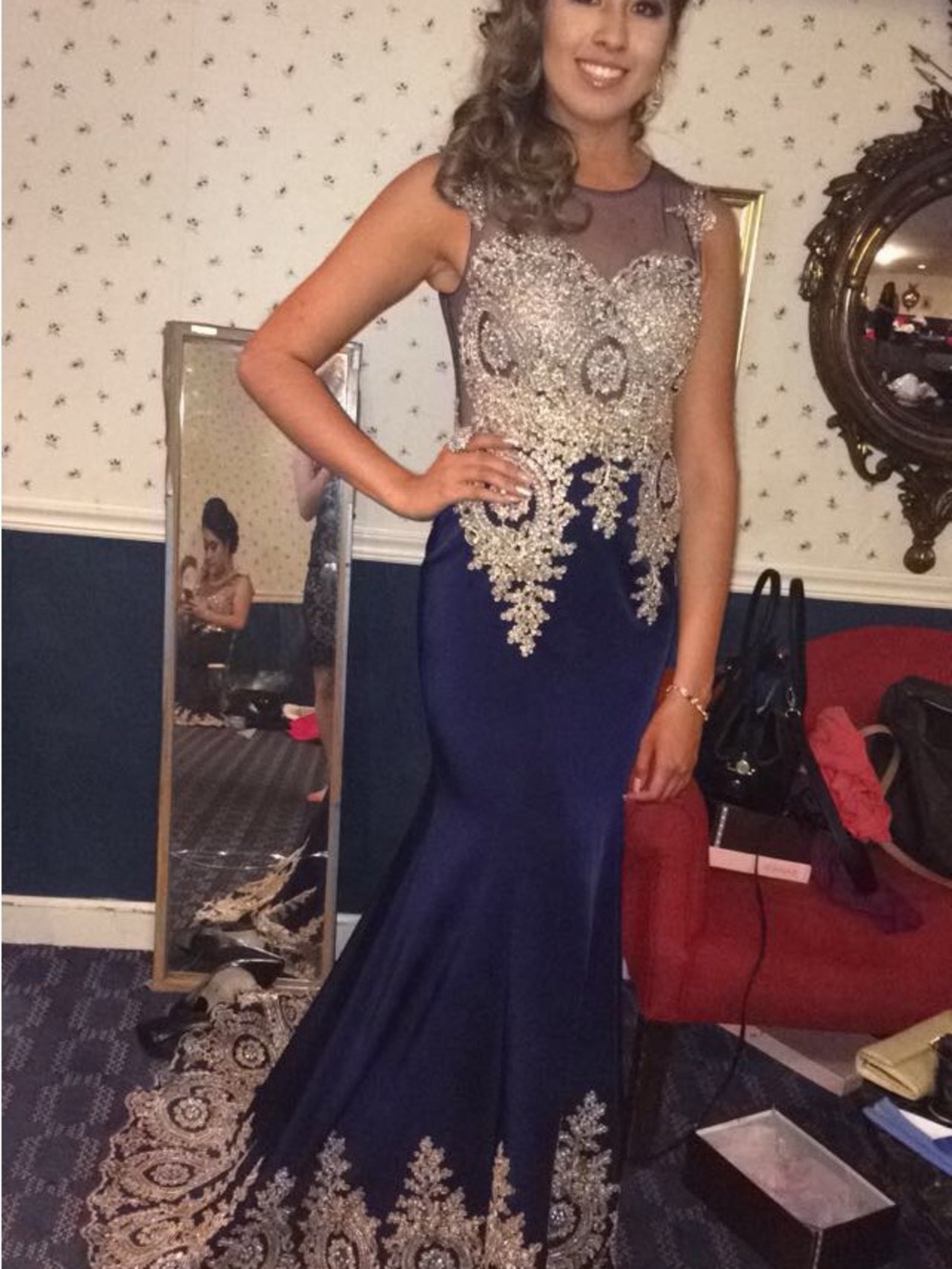 Navy Prom Gown with Gold Beaded Appliqué